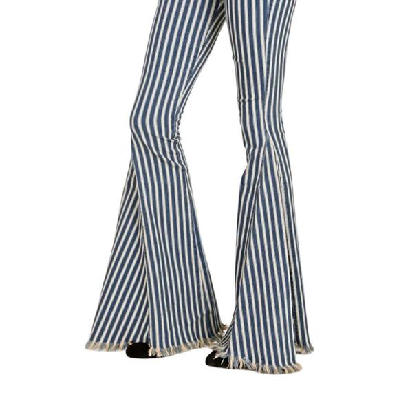 Show Me Your Mumu Womens Berkeley Bell Bottoms Striped Raw Hem Blue Size XS - Picture 2 of 14